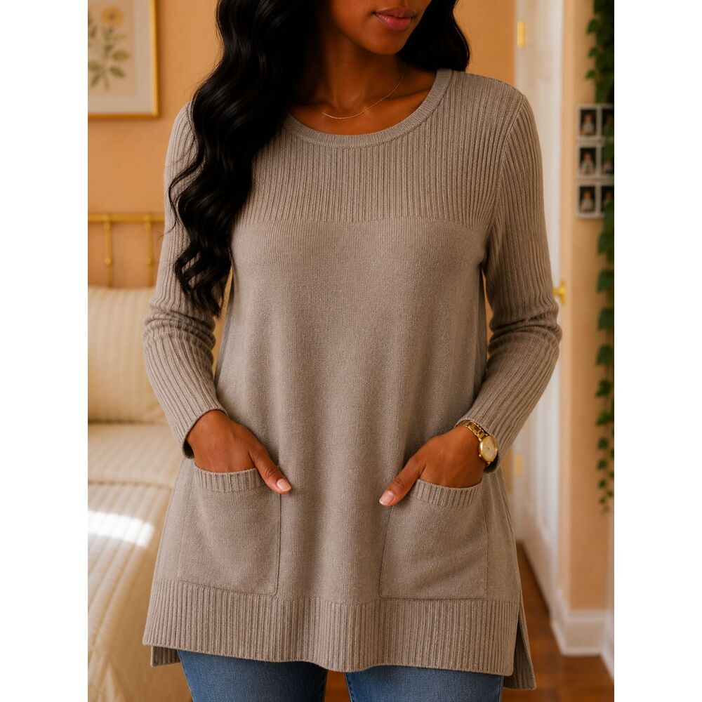 Jeanne Pierre Taupe Beige Cotton Ribbed Knit Tunic Sweater M Pockets Crew Neck